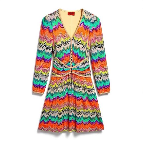 Missoni Italy Multicolor Zigzag Knit Long Sleeve Dress Rayon Silk Lined Small - Picture 1 of 16